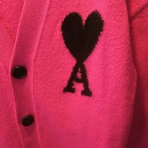 Ami Vibrant Pink Cardigan with Black Heart Motif